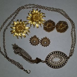 Necklace Earring Lot Bundle Gold Tone Sunflower +